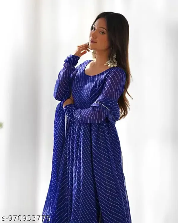 Blue_Georgette_Chevron_Anarkali_Kurta_Set_For_Women