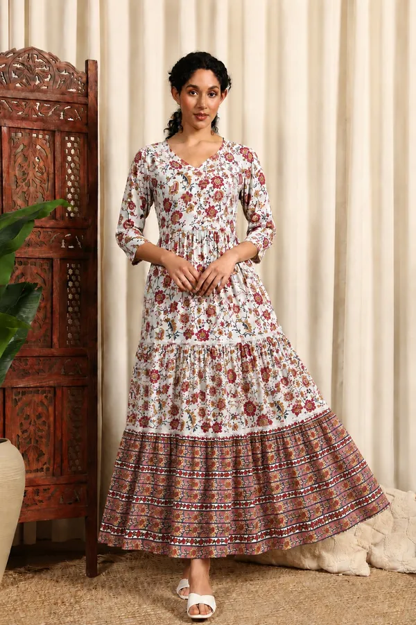 White_And_Maroon_Rayon_Slub_Floral_Print_Tiered_Flared_Maxi_Dress_For_Women