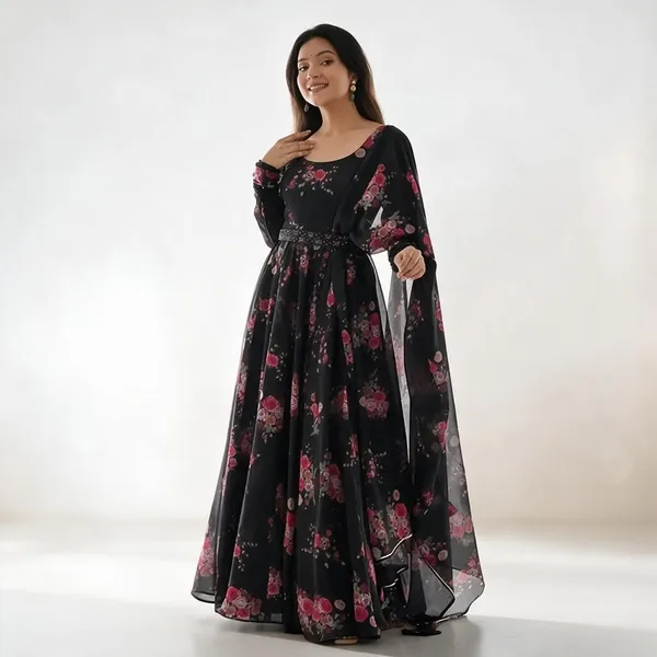 Black_Georgette_Floral_Print_Flared_Anarkali_Dress_For_Women