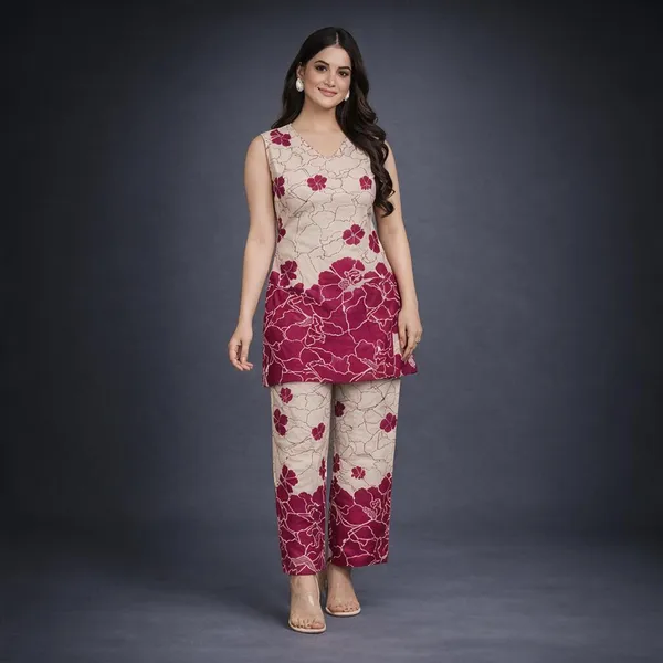 Beige_And_Maroon_Rayon_Floral_Straight_Kurta_Pant_Set_For_Women