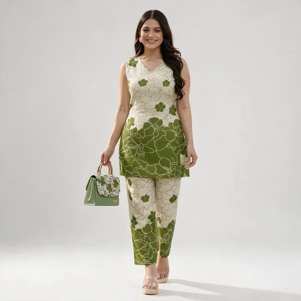 Beige_And_Green_Rayon_Floral_Print_Sleeveless_Kurta_Pant_Set_For_Women