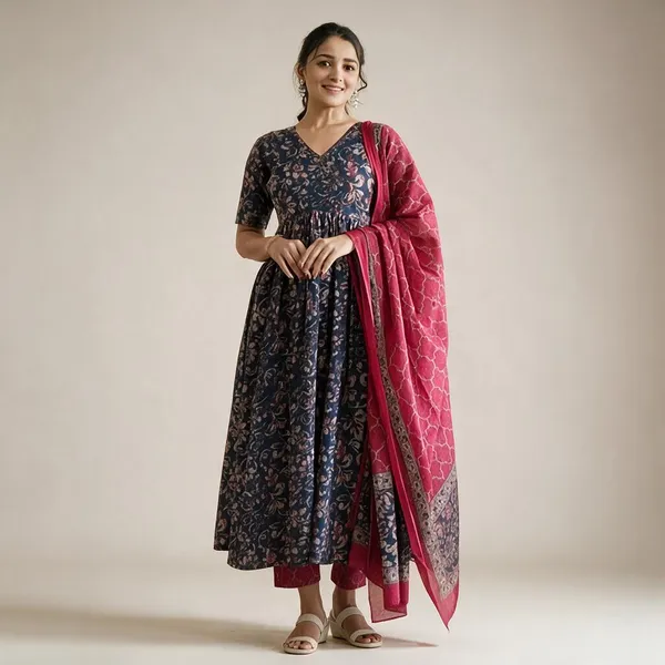 Navy_And_Pink_Rayon_Printed_Anarkali_Kurta_Set_For_Women