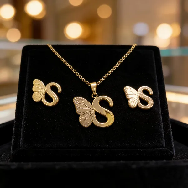 Gold_Stainless_Steel_Butterfly_Alphabet_Necklace_Set_For_Women