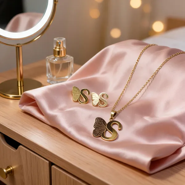 Gold_Stainless_Steel_Butterfly_Alphabet_Necklace_Set_For_Women