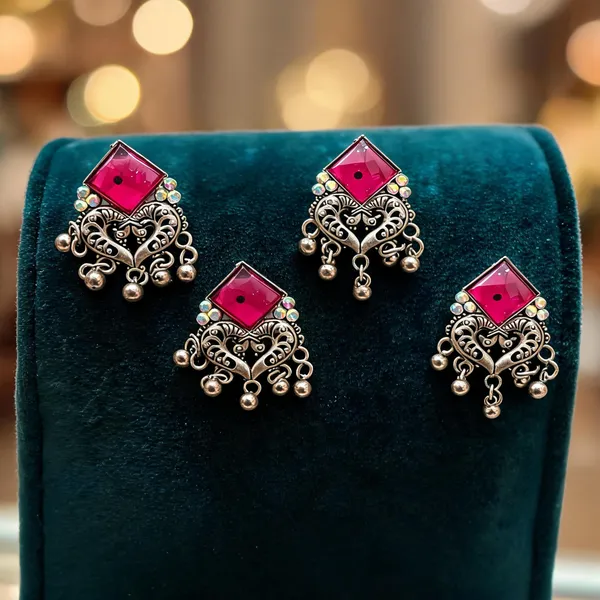 Oxidised_Silver_Alloy_Pink_Stone_Dangling_Jhumka_For_Women_-_Pack_Of_4