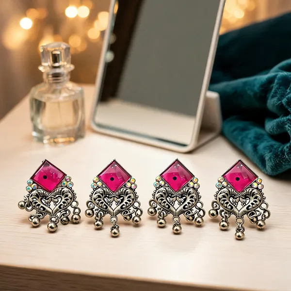 Oxidised_Silver_Alloy_Pink_Stone_Dangling_Jhumka_For_Women_-_Pack_Of_4