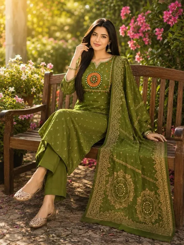 Olive_Green_Cotton_Silk_Straight_Kurta_Set_With_Dupatta_For_Women