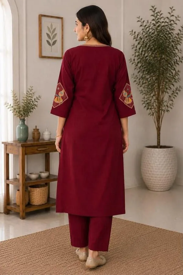 Maroon_Cotton_Silk_Straight_Embroidered_Kurta_Set_For_Women