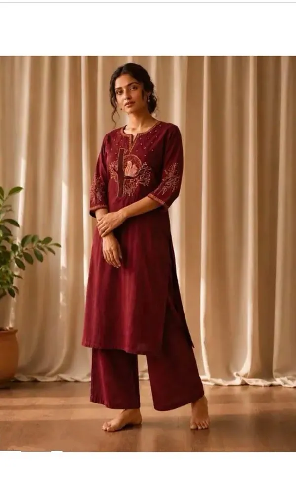 Maroon_Cotton_Silk_Straight_Kurta_With_Bottomwear_For_Women