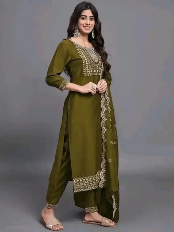 Olive_Green_Cotton_Silk_Straight_Kurta_Set_With_Dupatta_For_Women