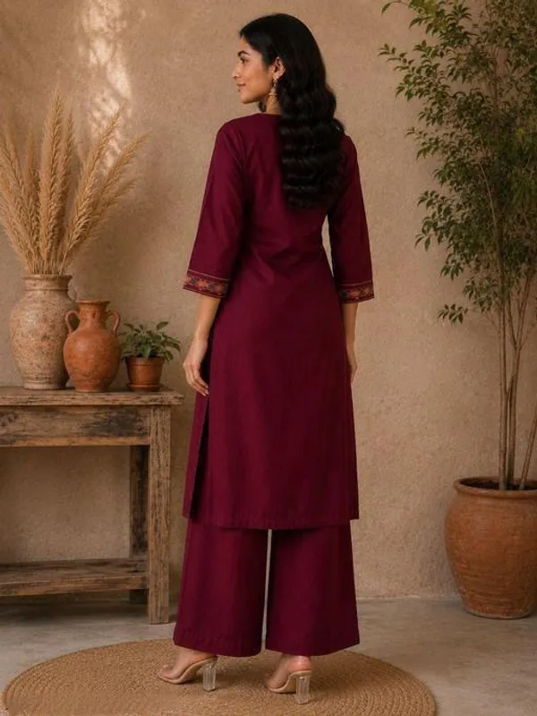 Maroon_Cotton_Silk_Straight_Kurta_With_Palazzo_For_Women