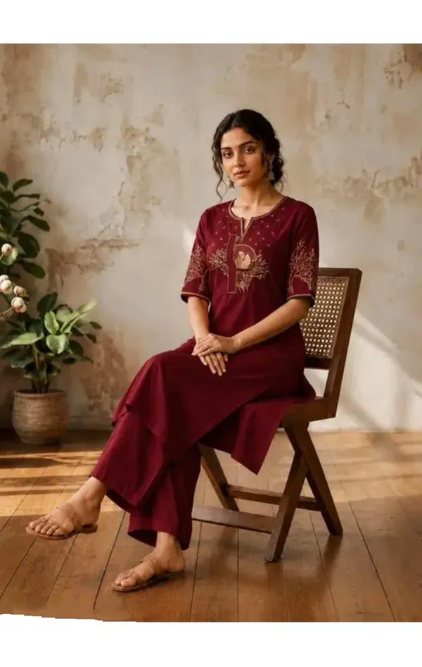 Maroon_Cotton_Silk_Straight_Kurta_With_Bottomwear_For_Women