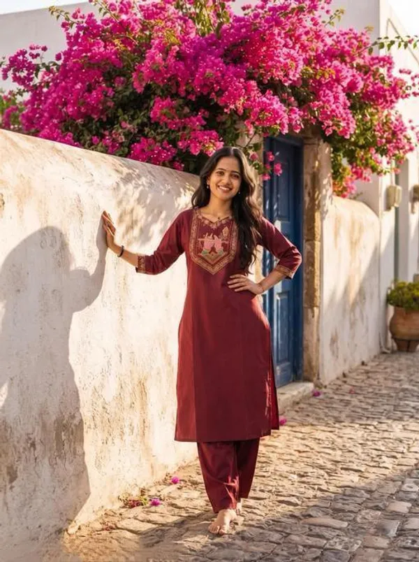 Maroon_Cotton_Silk_Straight_Kurta_With_Palazzo_For_Women