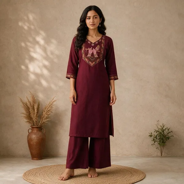Maroon_Cotton_Silk_Straight_Kurta_With_Palazzo_For_Women