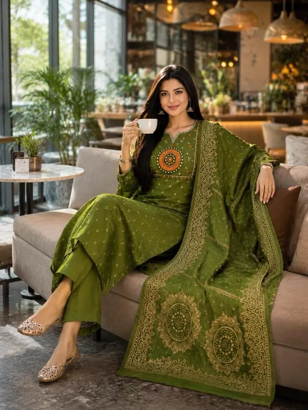 Olive_Green_Cotton_Silk_Straight_Kurta_Set_With_Dupatta_For_Women
