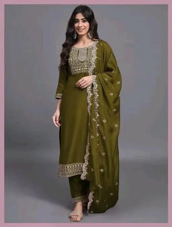 Olive_Green_Cotton_Silk_Straight_Kurta_Set_With_Dupatta_For_Women