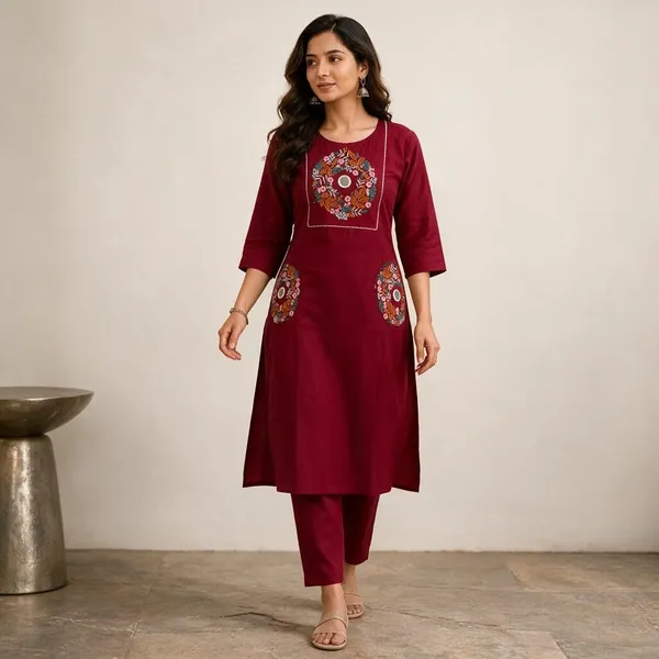 Maroon_Cotton_Silk_Straight_Kurta_With_Bottomwear_For_Women