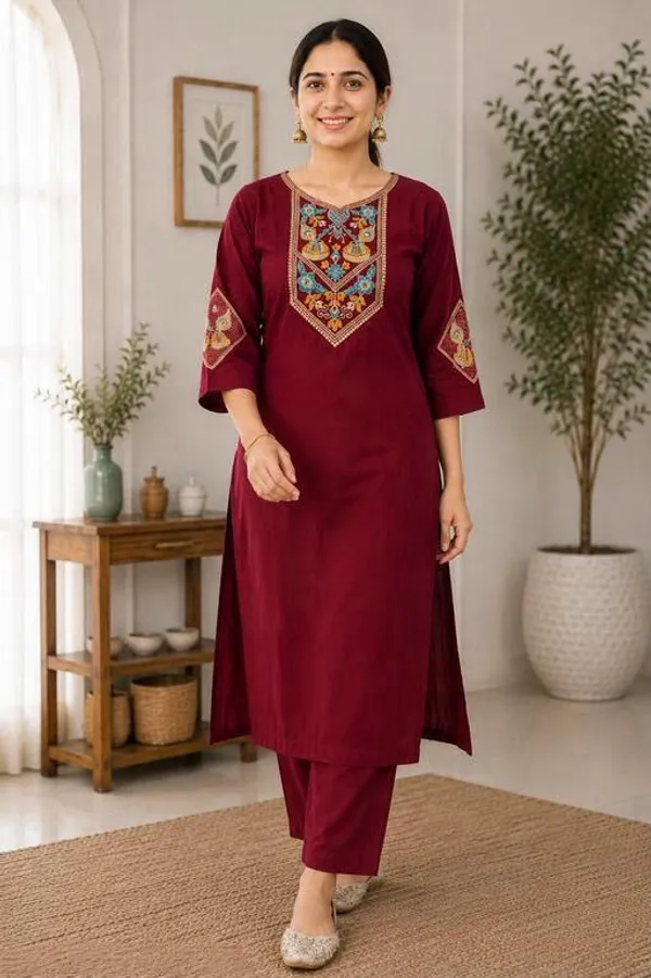 Maroon_Cotton_Silk_Straight_Embroidered_Kurta_Set_For_Women