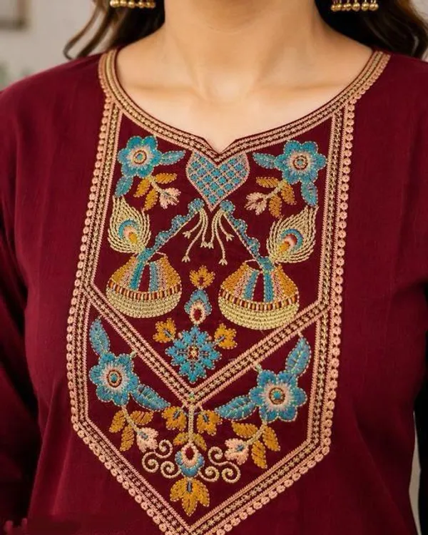 Maroon_Cotton_Silk_Straight_Embroidered_Kurta_Set_For_Women