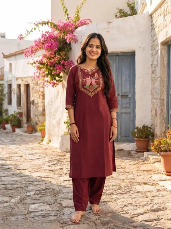 Maroon_Cotton_Silk_Straight_Kurta_With_Palazzo_For_Women