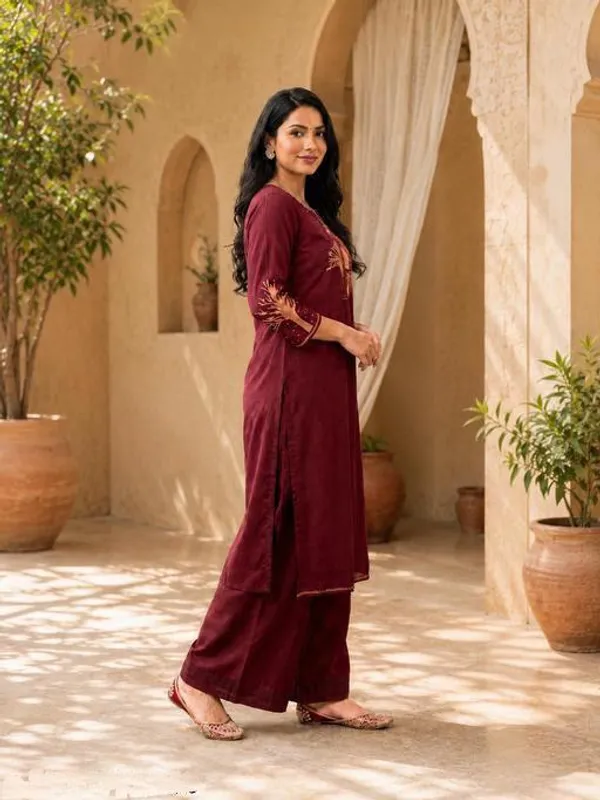 Maroon_Cotton_Silk_Straight_Kurta_With_Bottomwear_For_Women