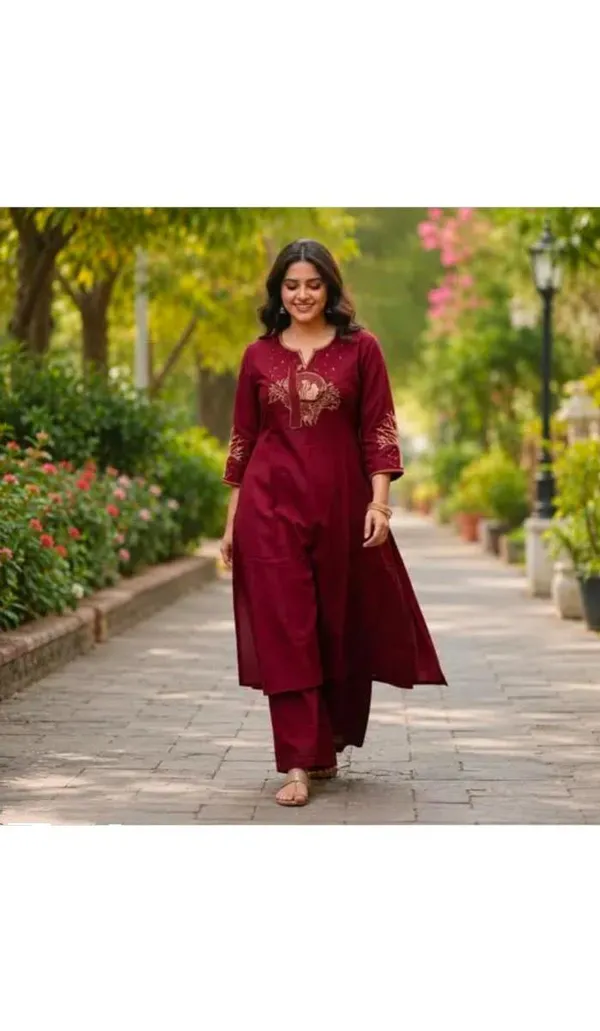 Maroon_Cotton_Silk_Straight_Kurta_With_Bottomwear_For_Women