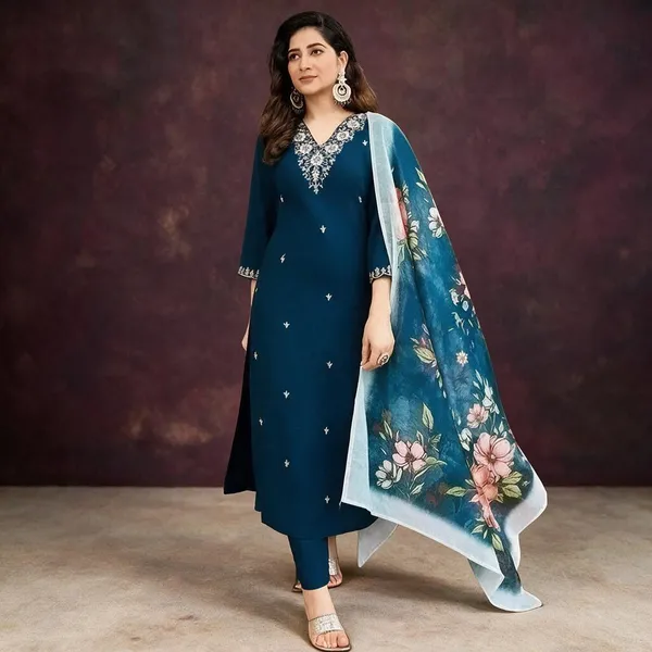 Aqua_Blue_Cotton_Silk_Straight_Embroidered_Kurta_Set_For_Women