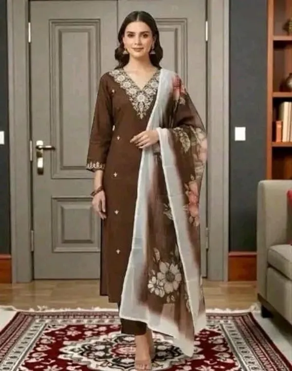 Brown_Cotton_Silk_Straight_Embroidered_Kurta_Set_For_Women