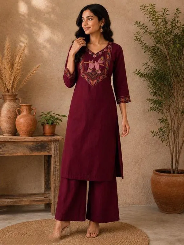 Maroon_Cotton_Silk_Straight_Kurta_With_Palazzo_For_Women