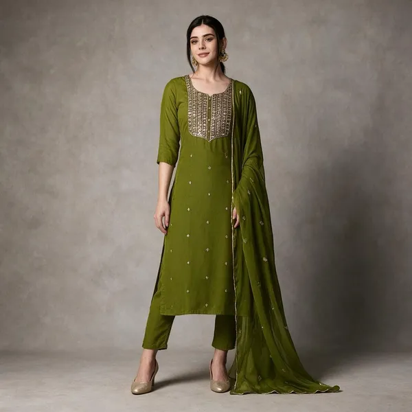 Olive_Green_Cotton_Silk_Straight_Kurta_Set_With_Dupatta_For_Women
