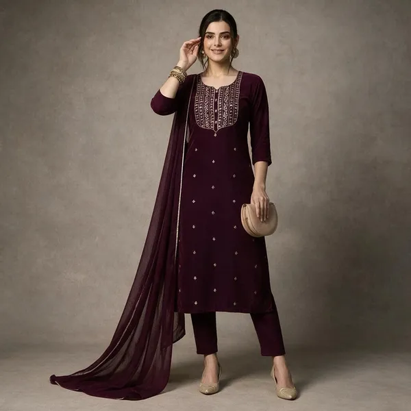 Wine_Cotton_Silk_Straight_Embroidered_Kurta_Set_For_Women