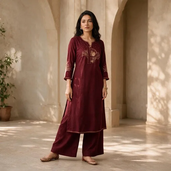 Maroon_Cotton_Silk_Straight_Kurta_With_Bottomwear_For_Women