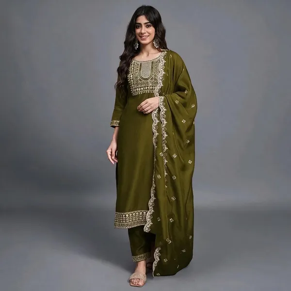 Olive_Green_Cotton_Silk_Straight_Kurta_Set_With_Dupatta_For_Women