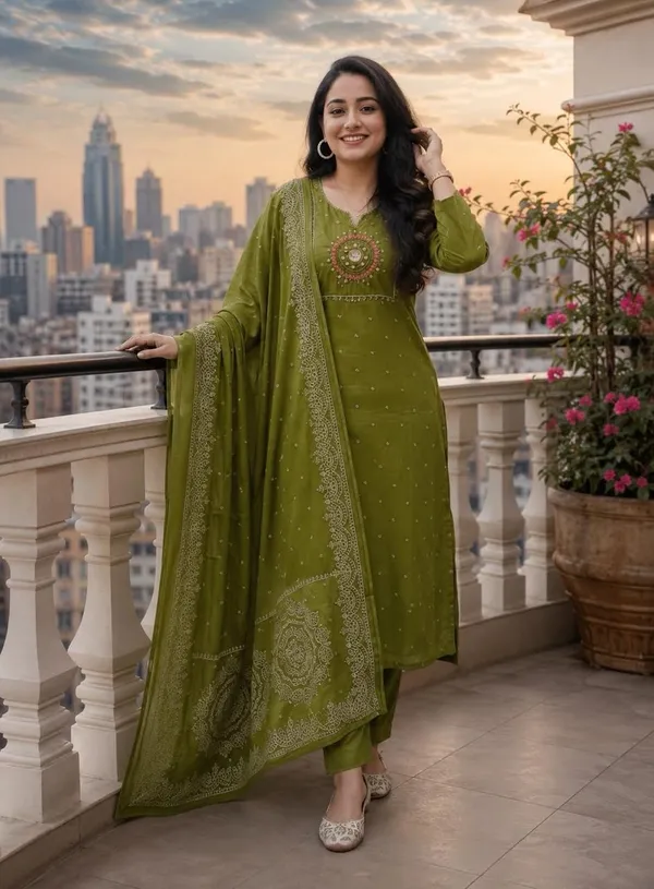 Olive_Green_Cotton_Silk_Straight_Kurta_Set_With_Dupatta_For_Women