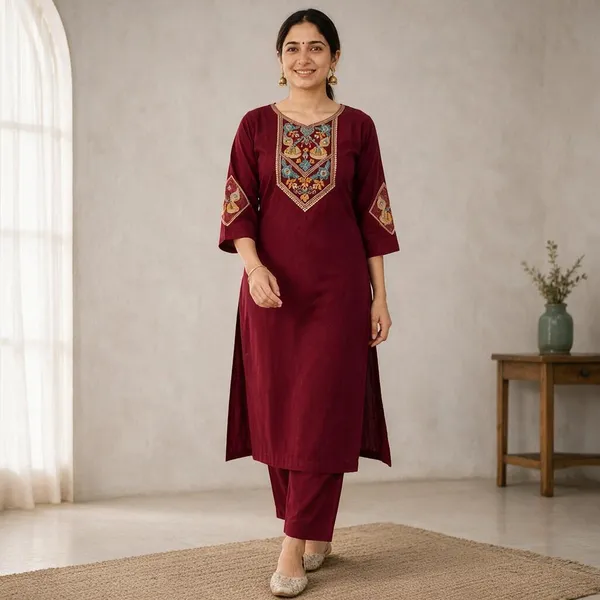 Maroon_Cotton_Silk_Straight_Embroidered_Kurta_Set_For_Women