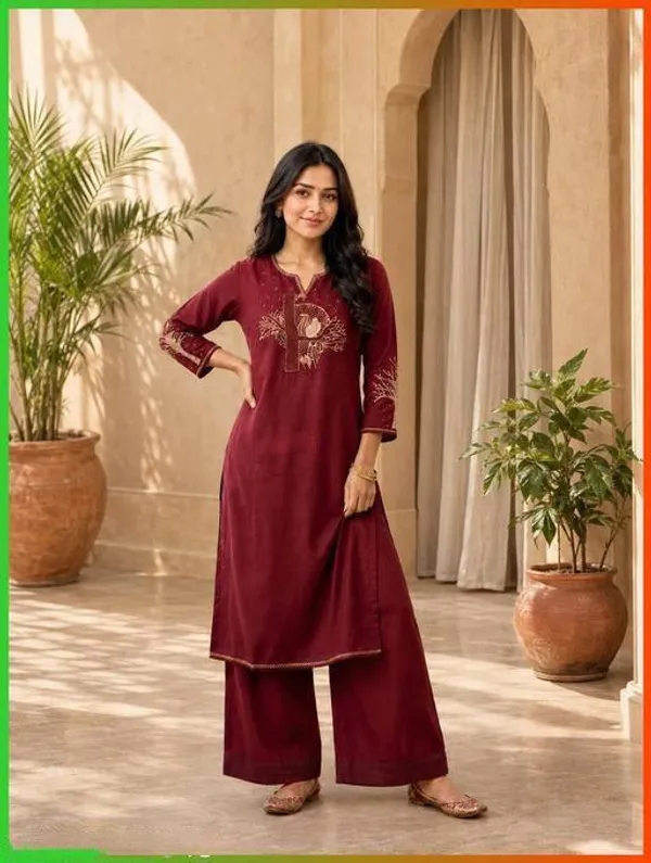 Maroon_Cotton_Silk_Straight_Kurta_With_Bottomwear_For_Women