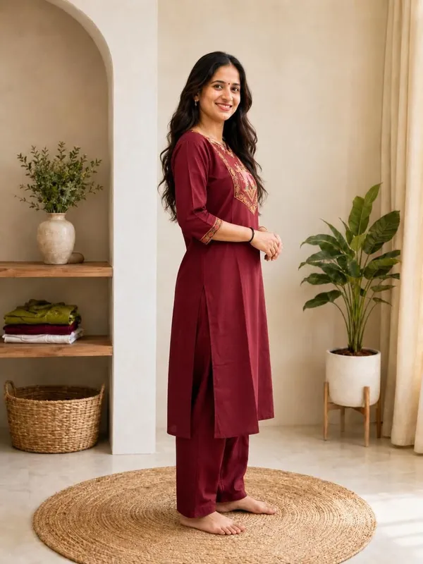Maroon_Cotton_Silk_Straight_Kurta_With_Palazzo_For_Women