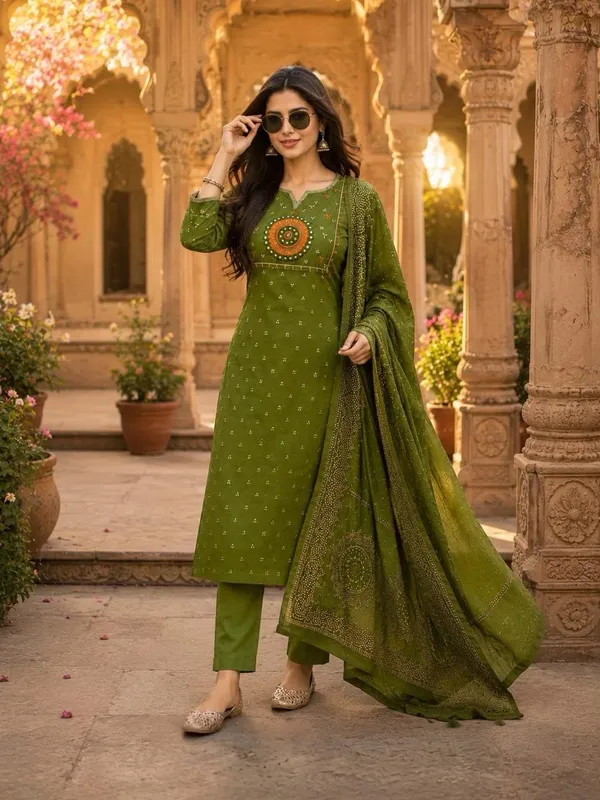 Olive_Green_Cotton_Silk_Straight_Kurta_Set_With_Dupatta_For_Women