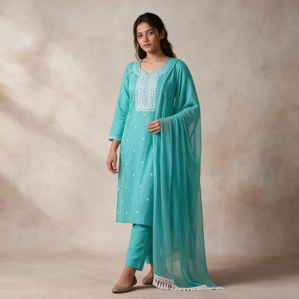 Aqua_Blue_Cotton_Silk_Straight_Embroidered_Kurta_Set_For_Women