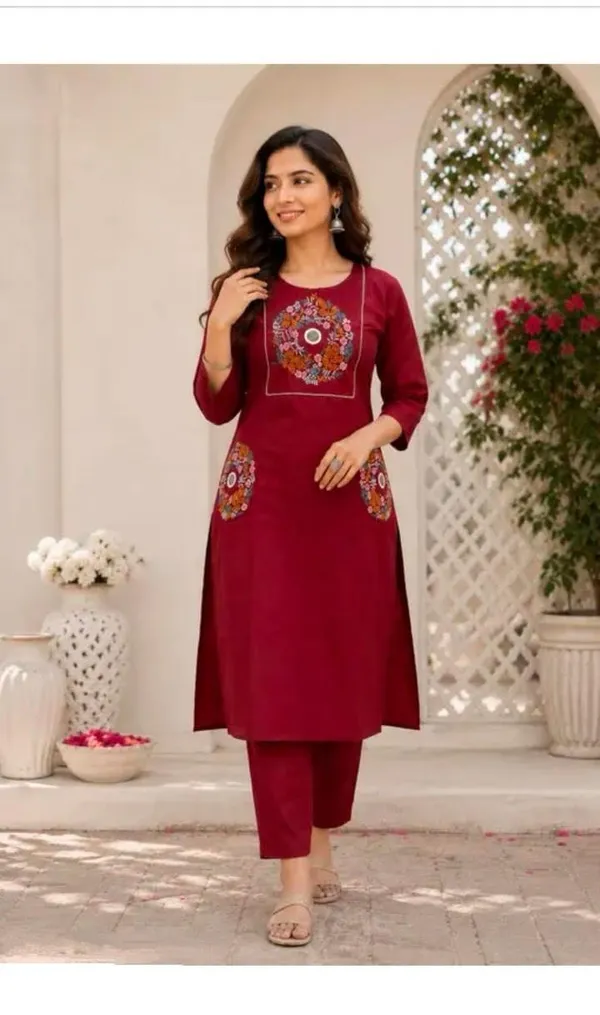 Maroon_Cotton_Silk_Straight_Kurta_With_Bottomwear_For_Women