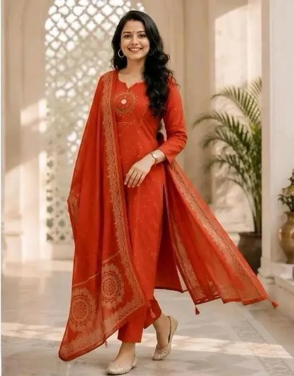Orange_Cotton_Silk_Straight_Kurta_Set_With_Dupatta_For_Women