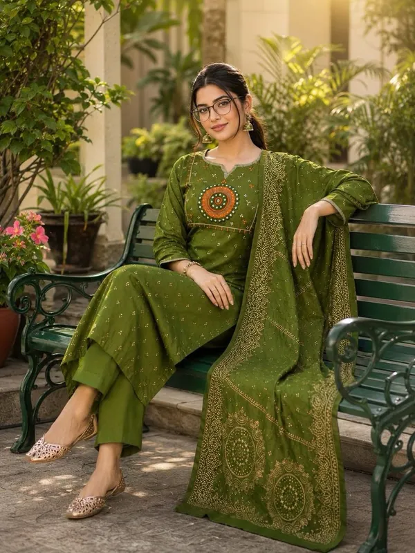 Olive_Green_Cotton_Silk_Straight_Kurta_Set_With_Dupatta_For_Women