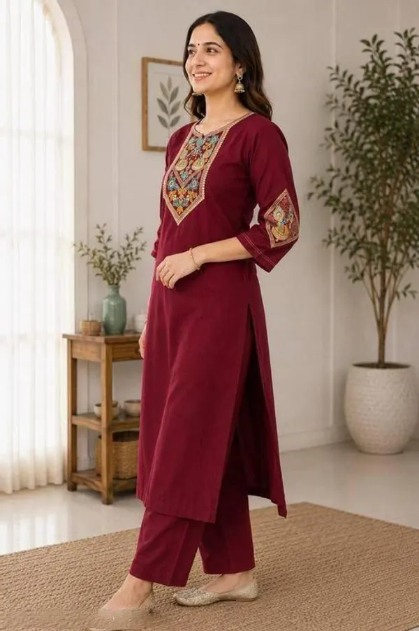 Maroon_Cotton_Silk_Straight_Embroidered_Kurta_Set_For_Women