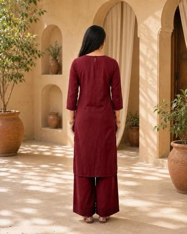 Maroon_Cotton_Silk_Straight_Kurta_With_Bottomwear_For_Women