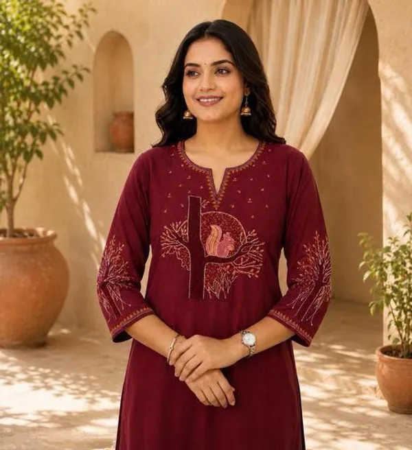Maroon_Cotton_Silk_Straight_Kurta_With_Bottomwear_For_Women