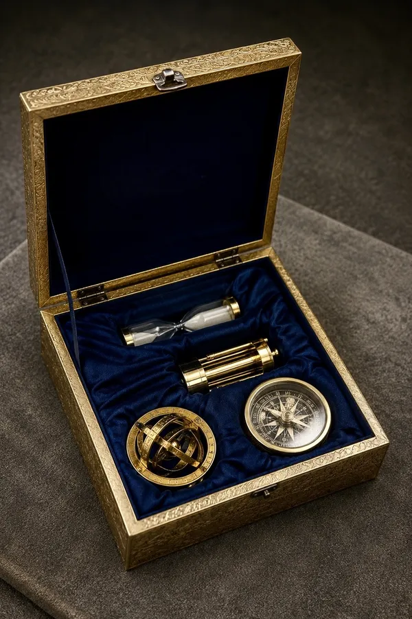 4_Piece_Nautical_Brass_Gift_Set_Compass_Armillary_Antique_Gold_Box