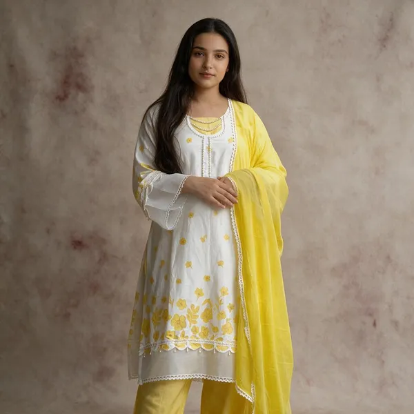 White_And_Yellow_Cotton_Printed_Kurta_Set_For_Women