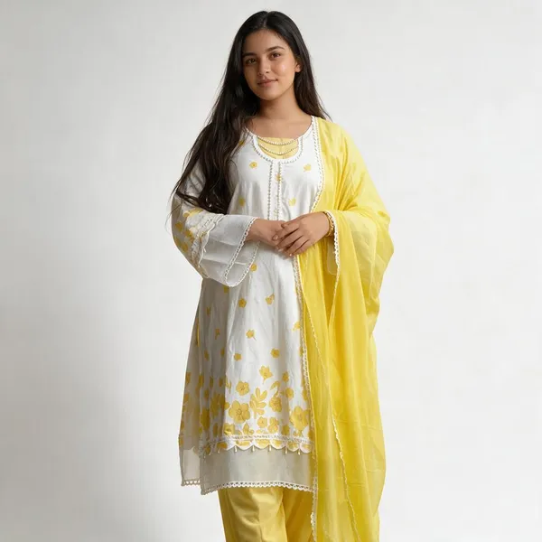 White_And_Yellow_Cotton_Printed_Kurta_Set_For_Women