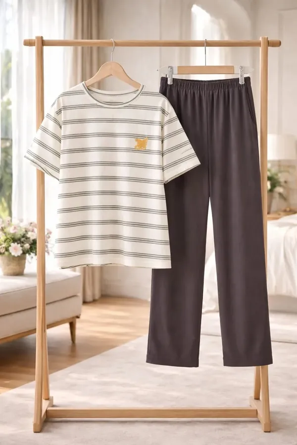 White_And_Charcoal_Striped_Pajama_Set_for_Men