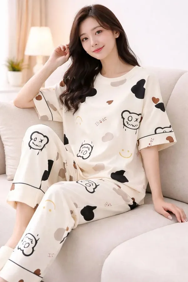 Cream_Printed_Short_Sleeve_Sleepwear_Set_For_Women